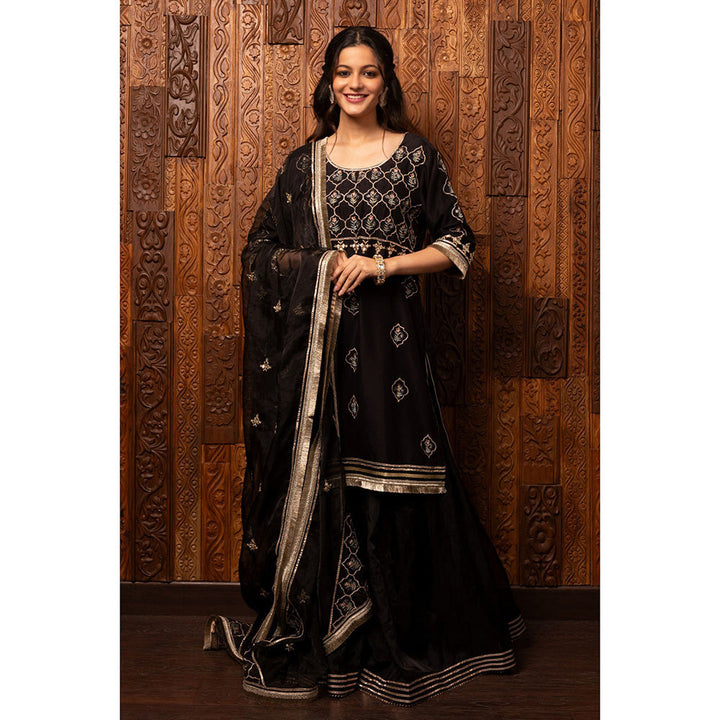 House of Supriya Black Embroidered Silk Chanderi Kurta with Palazzo & Dupatta (Set of 3)