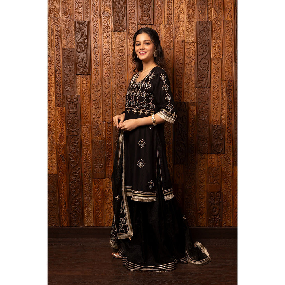 House of Supriya Black Embroidered Silk Chanderi Kurta with Palazzo & Dupatta (Set of 3)