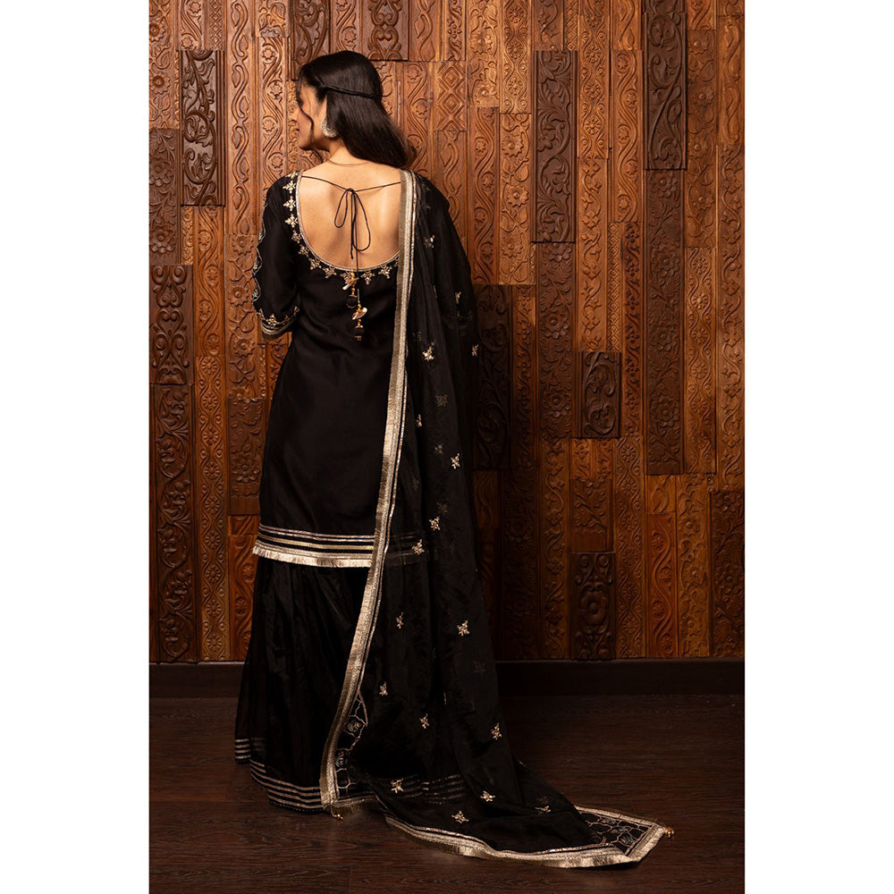 House of Supriya Black Embroidered Silk Chanderi Kurta with Palazzo & Dupatta (Set of 3)