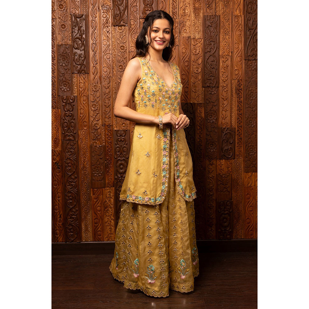 House of Supriya Yellow Embroidered Organza Kurta with Palazzo (Set of 2)