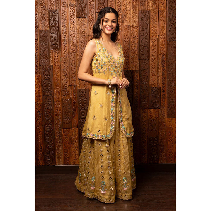 House of Supriya Yellow Embroidered Organza Kurta with Palazzo (Set of 2)