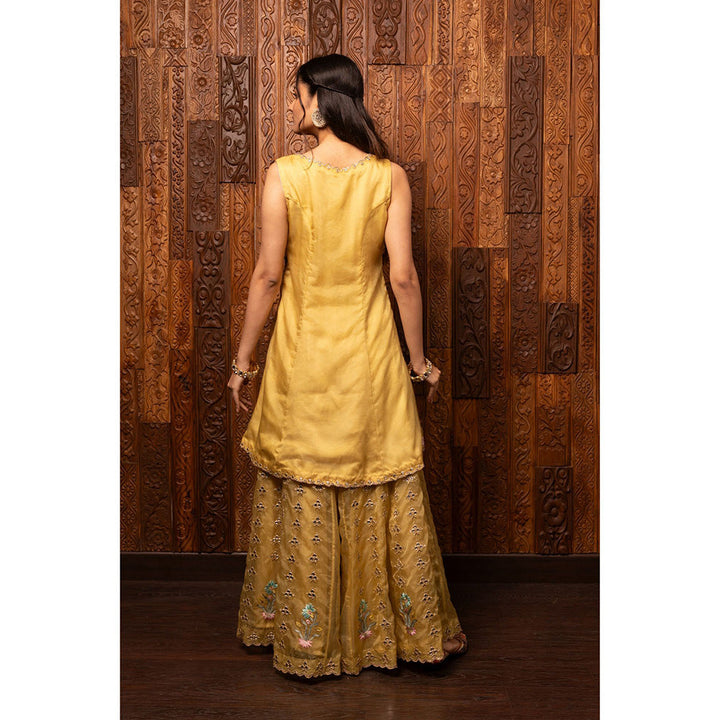 House of Supriya Yellow Embroidered Organza Kurta with Palazzo (Set of 2)