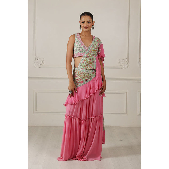 House of Supriya Silk Georgette Pink Saree with Stitched Blouse