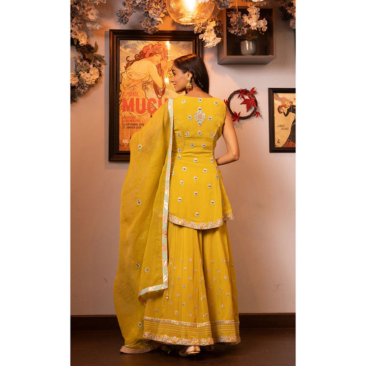 House of Supriya Yellow Embroidered Kurta with Sharara & Dupatta (Set of 3)