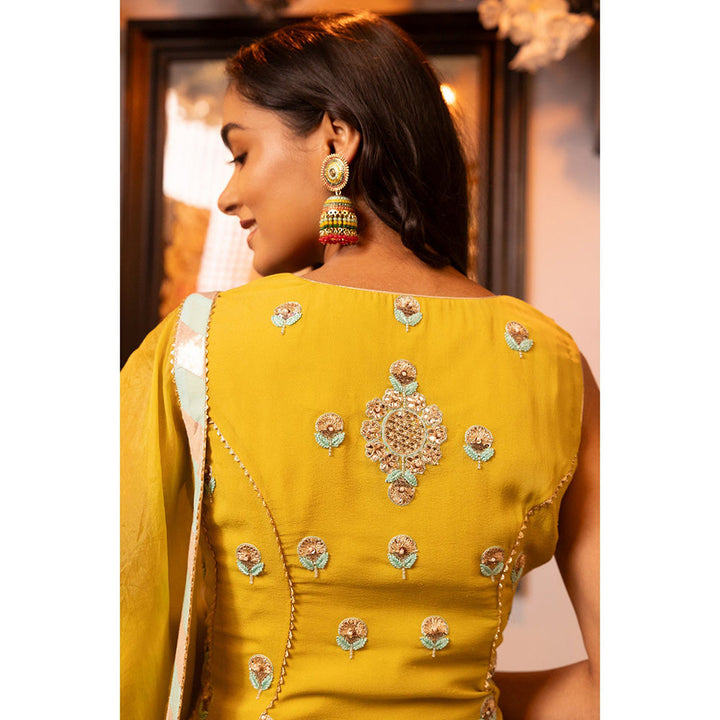 House of Supriya Yellow Embroidered Kurta with Sharara & Dupatta (Set of 3)