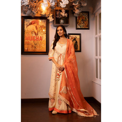 House of Supriya Off White Jacket Style Anarkali Kurta & Pant with Dupatta (Set of 3)