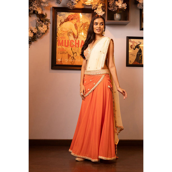 House of Supriya Orange Embellished Drape Saree with Stitched Blouse