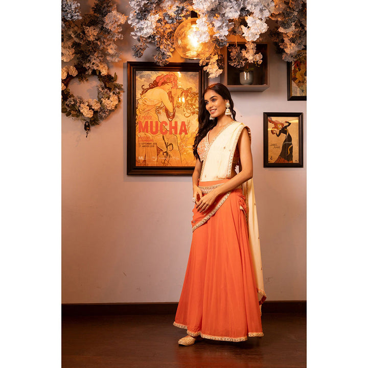 House of Supriya Orange Embellished Drape Saree with Stitched Blouse