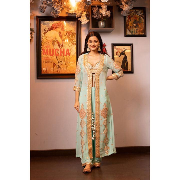 House of Supriya Turquoise Embellished Stylised Jacket with Stitched Blouse & Pant (Set of 3)