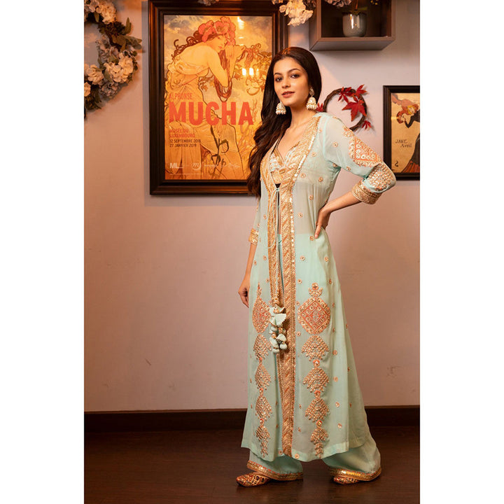 House of Supriya Turquoise Embellished Stylised Jacket with Stitched Blouse & Pant (Set of 3)