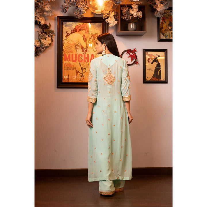 House of Supriya Turquoise Embellished Stylised Jacket with Stitched Blouse & Pant (Set of 3)