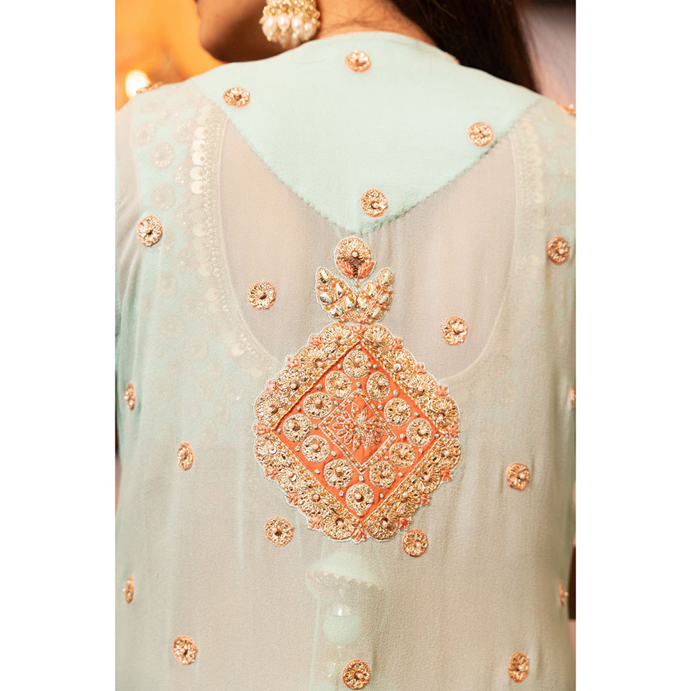 House of Supriya Turquoise Embellished Stylised Jacket with Stitched Blouse & Pant (Set of 3)