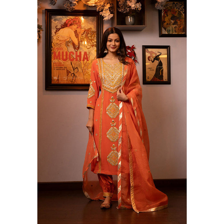 House of Supriya Orange Embroidered Kurta & Pant with Dupatta (Set of 3)