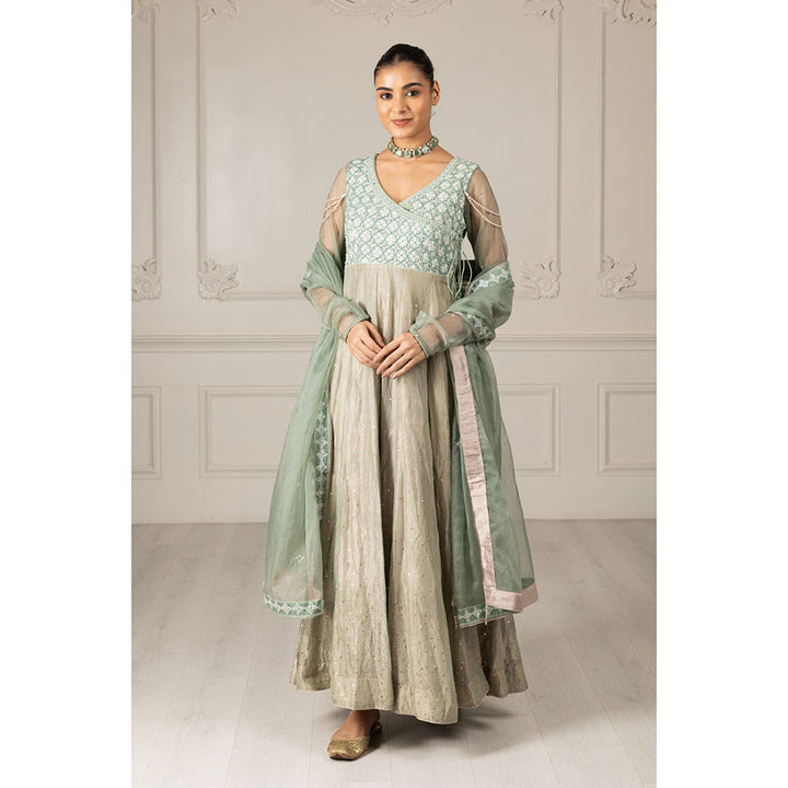 House of Supriya Tea Green Embroidered Stylised Anarkali Kurta with Pant & Dupatta (Set of 3)