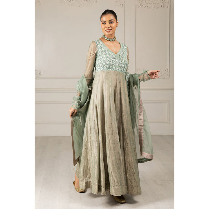 House of Supriya Tea Green Embroidered Stylised Anarkali Kurta with Pant & Dupatta (Set of 3)