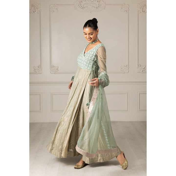 House of Supriya Tea Green Embroidered Stylised Anarkali Kurta with Pant & Dupatta (Set of 3)