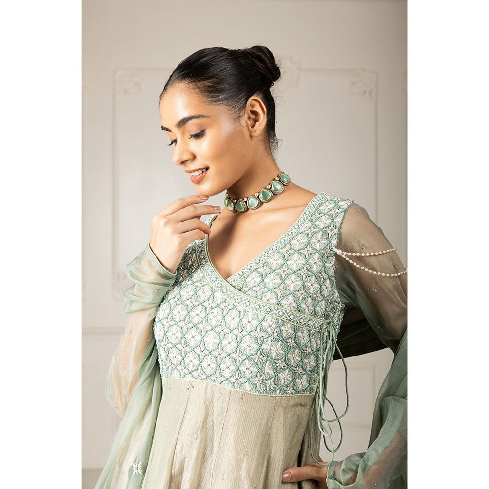 House of Supriya Tea Green Embroidered Stylised Anarkali Kurta with Pant & Dupatta (Set of 3)