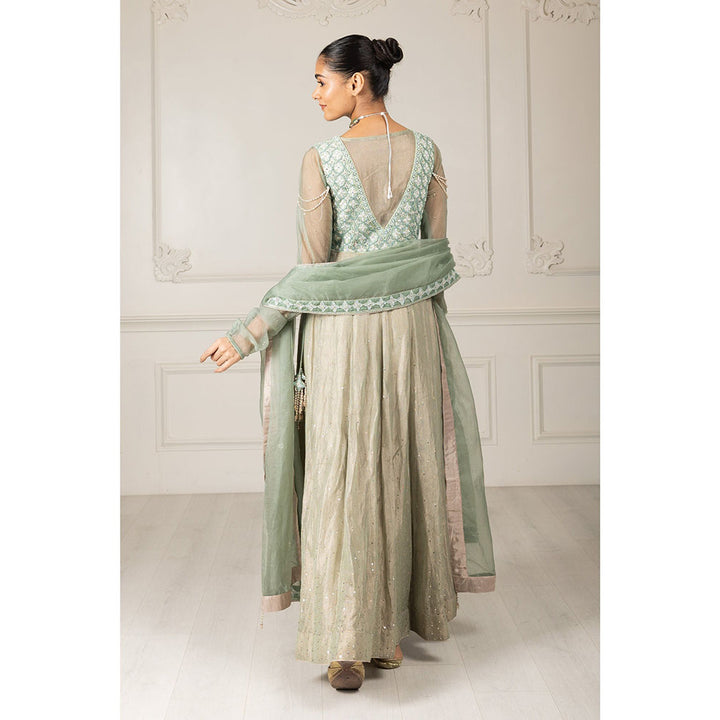 House of Supriya Tea Green Embroidered Stylised Anarkali Kurta with Pant & Dupatta (Set of 3)