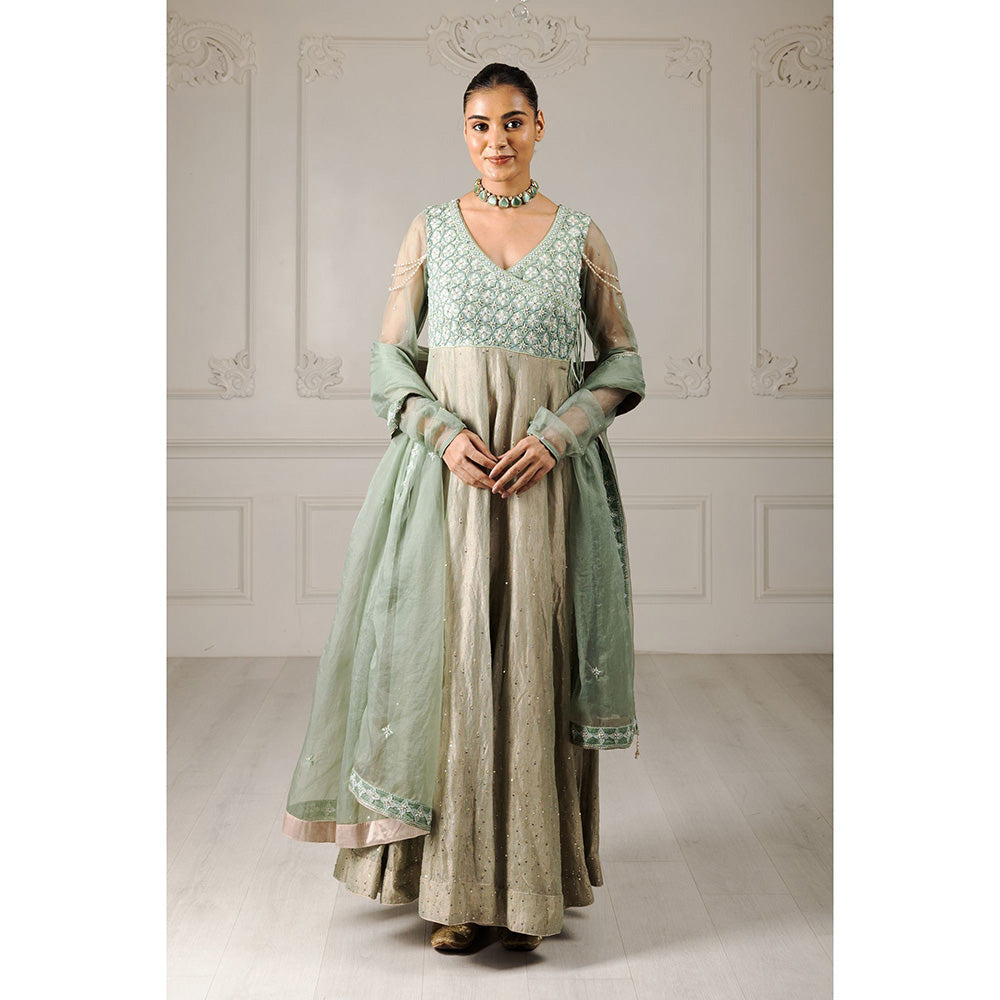 House of Supriya Tea Green Embroidered Stylised Anarkali Kurta with Pant & Dupatta (Set of 3)