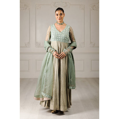 House of Supriya Tea Green Embroidered Stylised Anarkali Kurta with Pant & Dupatta (Set of 3)