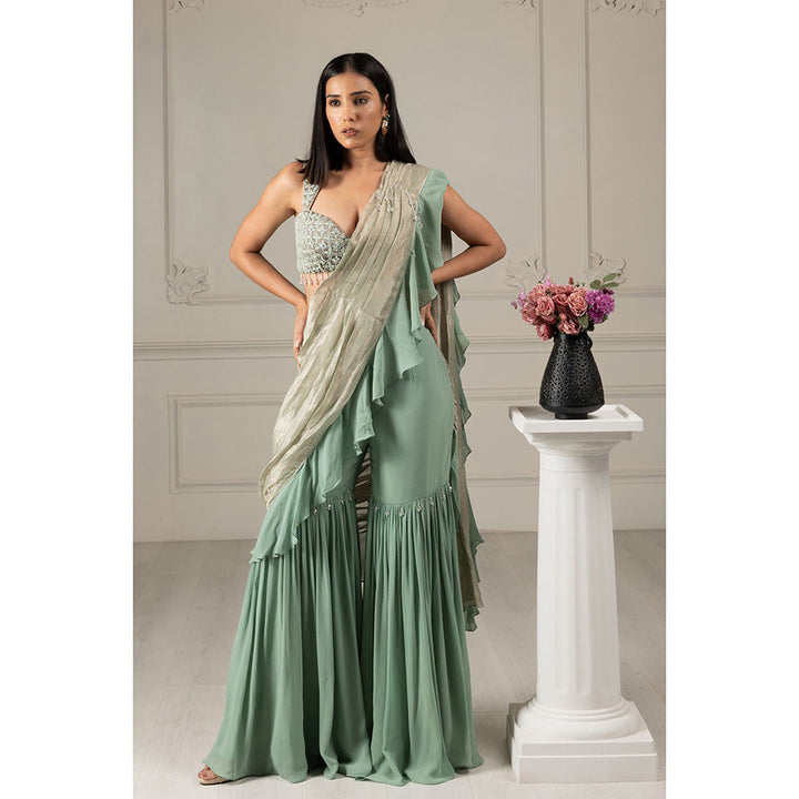 House of Supriya Tea Green Embroidered Pre Drape Sharara Style Saree with Stitched Blouse