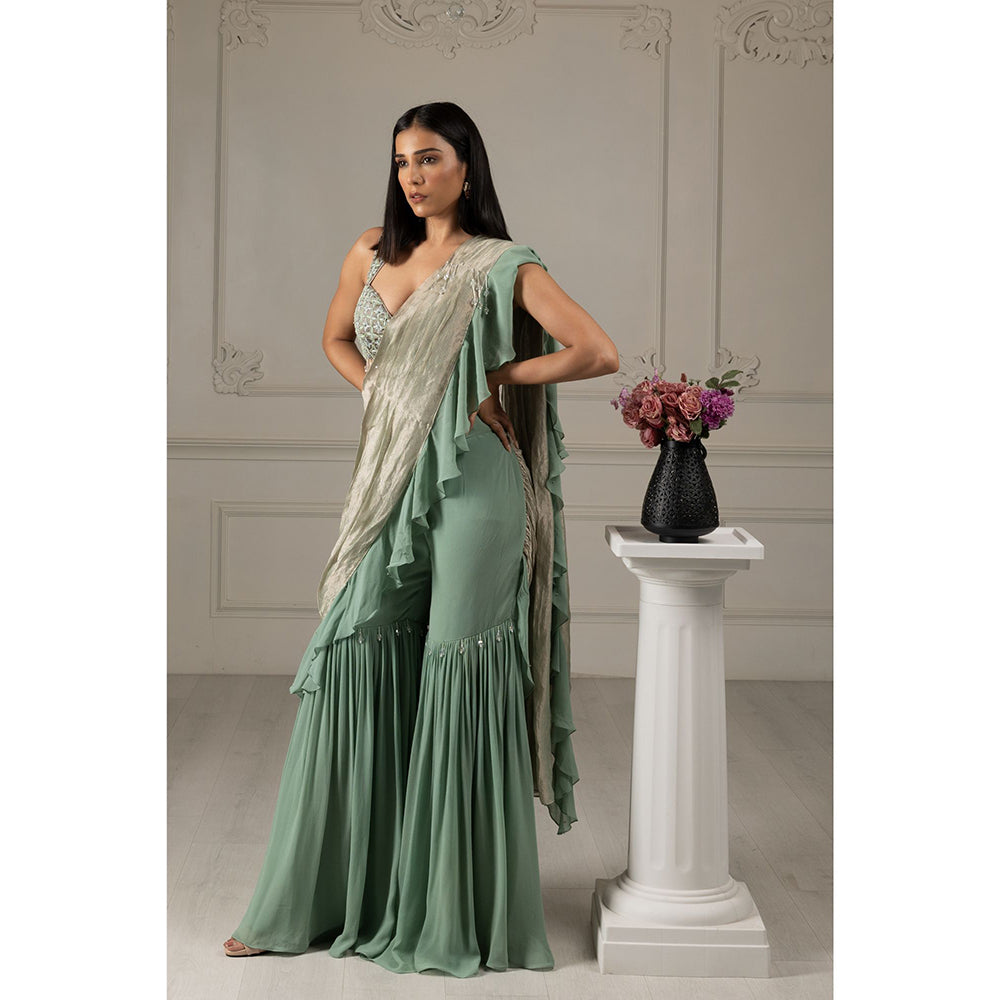 House of Supriya Tea Green Embroidered Pre Drape Sharara Style Saree with Stitched Blouse