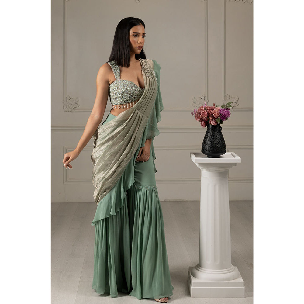 House of Supriya Tea Green Embroidered Pre Drape Sharara Style Saree with Stitched Blouse