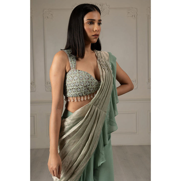 House of Supriya Tea Green Embroidered Pre Drape Sharara Style Saree with Stitched Blouse