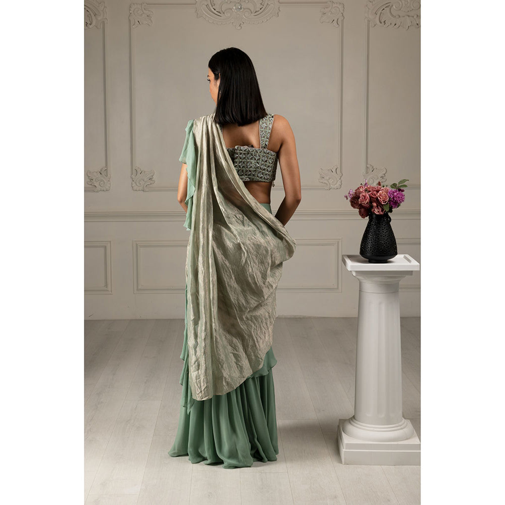 House of Supriya Tea Green Embroidered Pre Drape Sharara Style Saree with Stitched Blouse