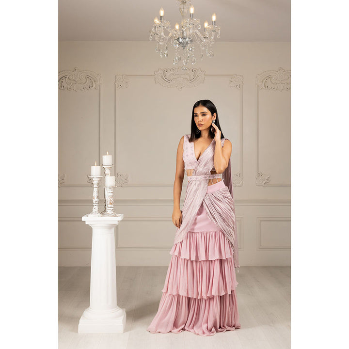 House of Supriya Pink Embroidered Drape Saree with Stitched Blouse