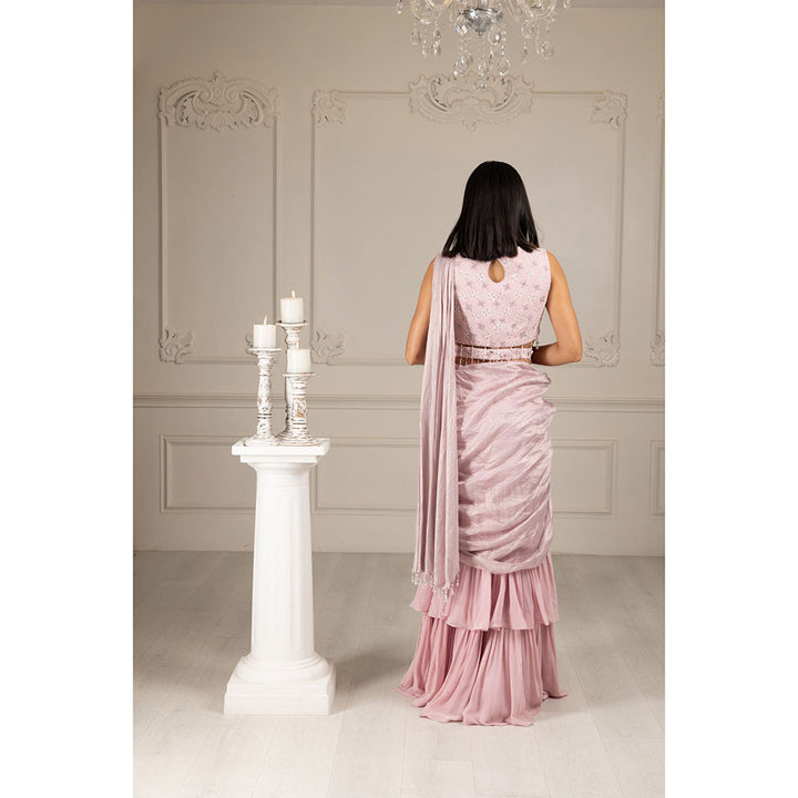 House of Supriya Pink Embroidered Drape Saree with Stitched Blouse