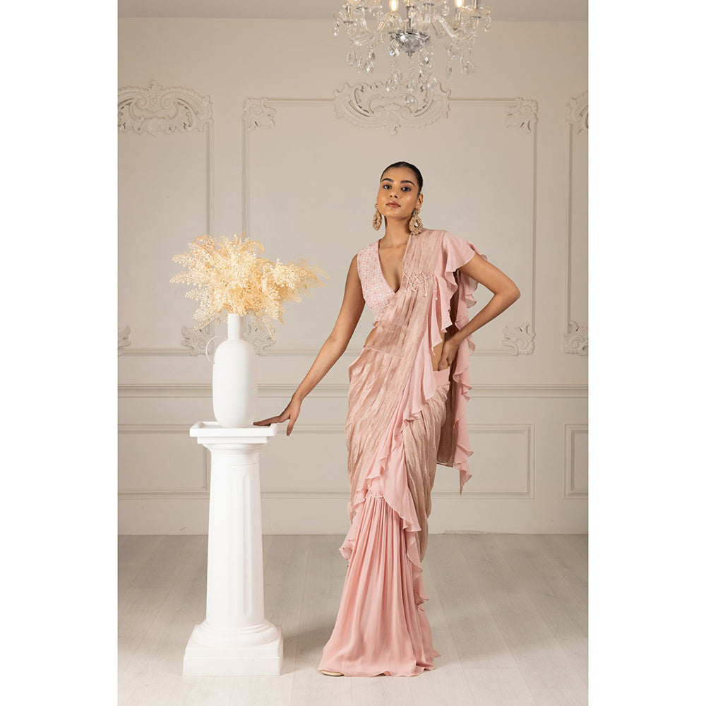 House of Supriya Pink Embroidered Drape Saree with Stitched Blouse