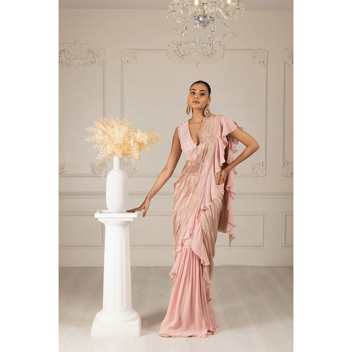 House of Supriya Pink Embroidered Drape Saree with Stitched Blouse