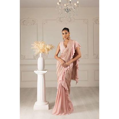 House of Supriya Pink Embroidered Drape Saree with Stitched Blouse
