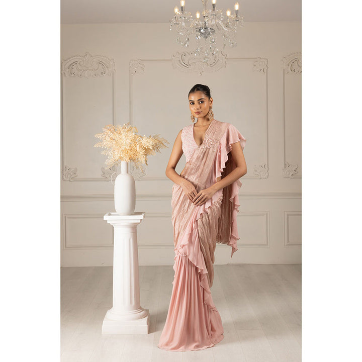 House of Supriya Pink Embroidered Drape Saree with Stitched Blouse