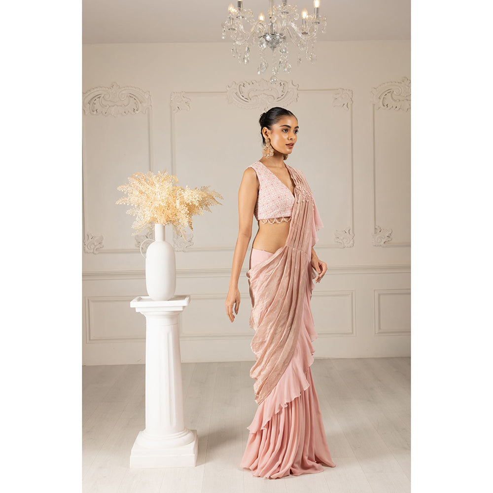 House of Supriya Pink Embroidered Drape Saree with Stitched Blouse