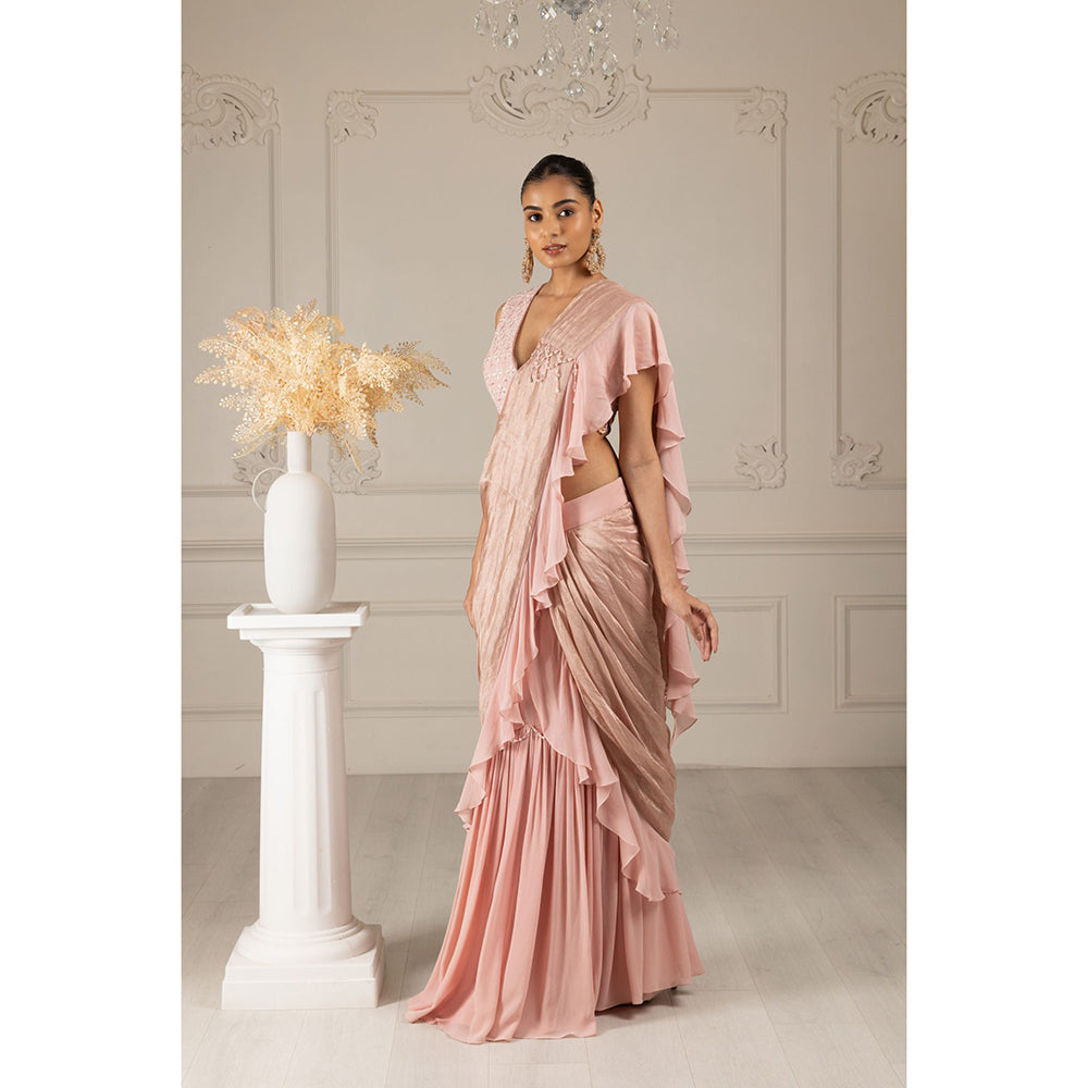 House of Supriya Pink Embroidered Drape Saree with Stitched Blouse