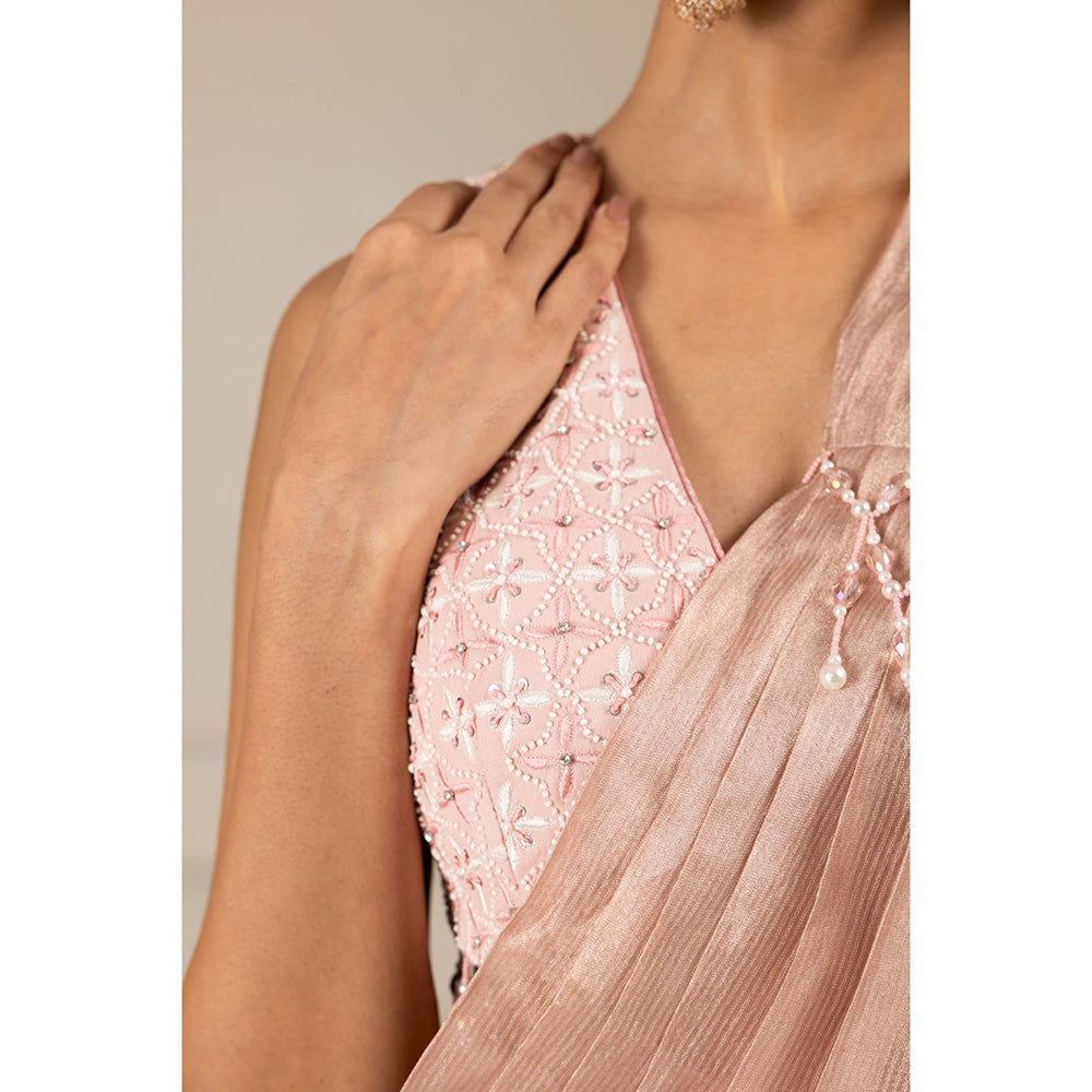 House of Supriya Pink Embroidered Drape Saree with Stitched Blouse