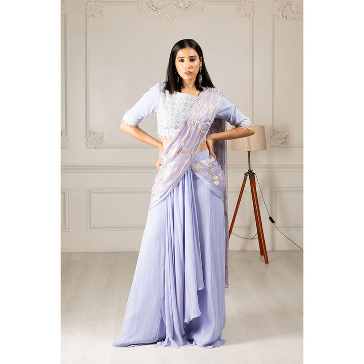 House of Supriya Sky Blue Embroidered Drape Saree with Stitched Blouse