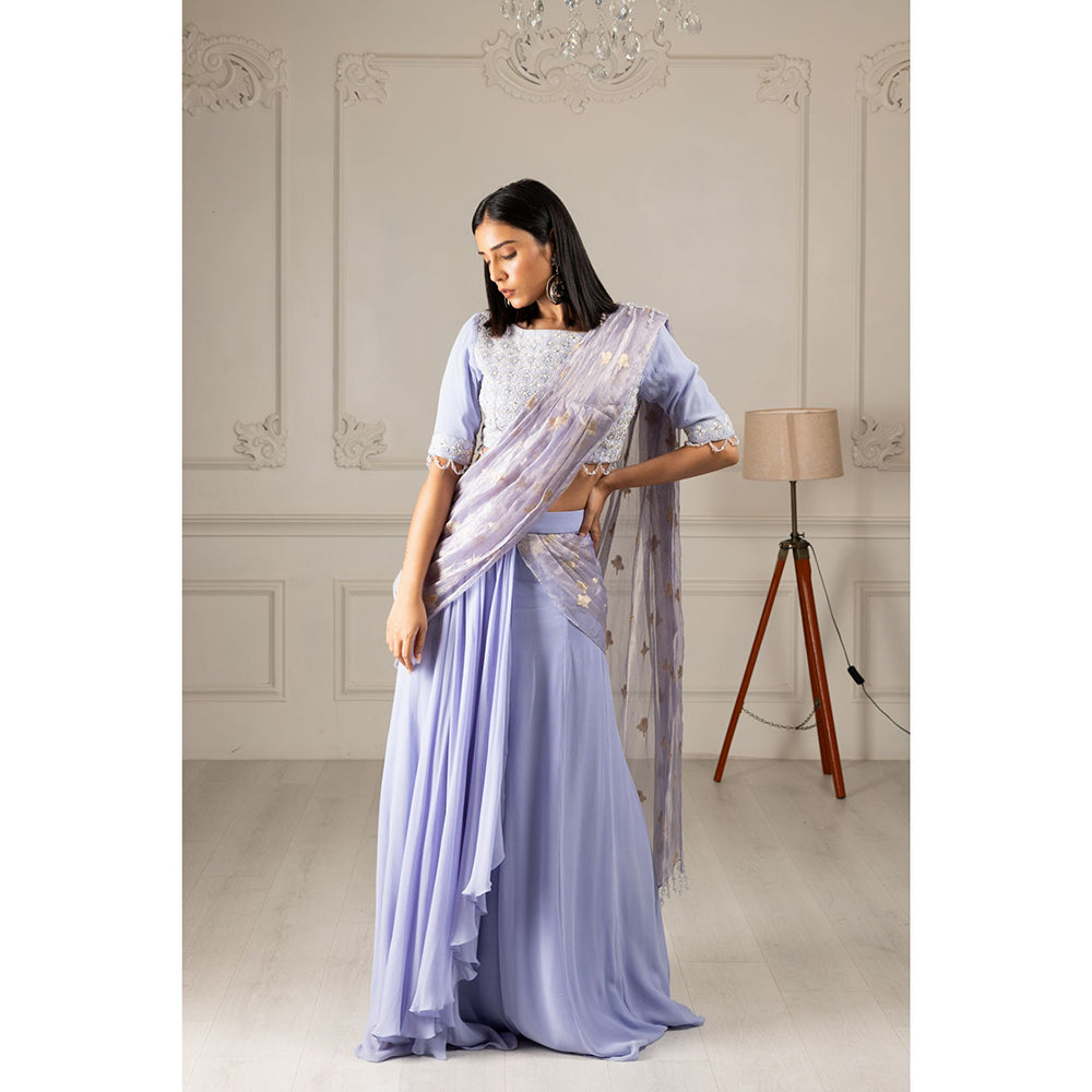 House of Supriya Sky Blue Embroidered Drape Saree with Stitched Blouse