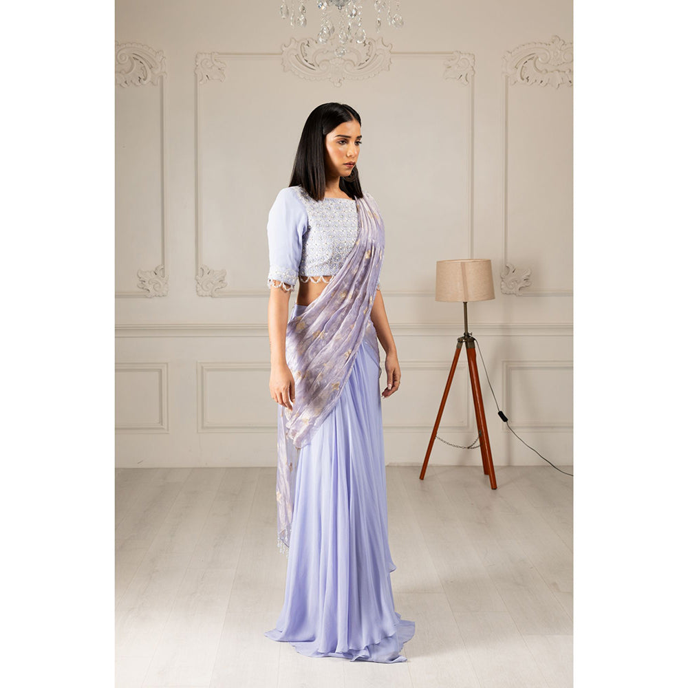 House of Supriya Sky Blue Embroidered Drape Saree with Stitched Blouse