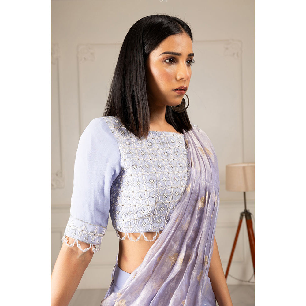 House of Supriya Sky Blue Embroidered Drape Saree with Stitched Blouse