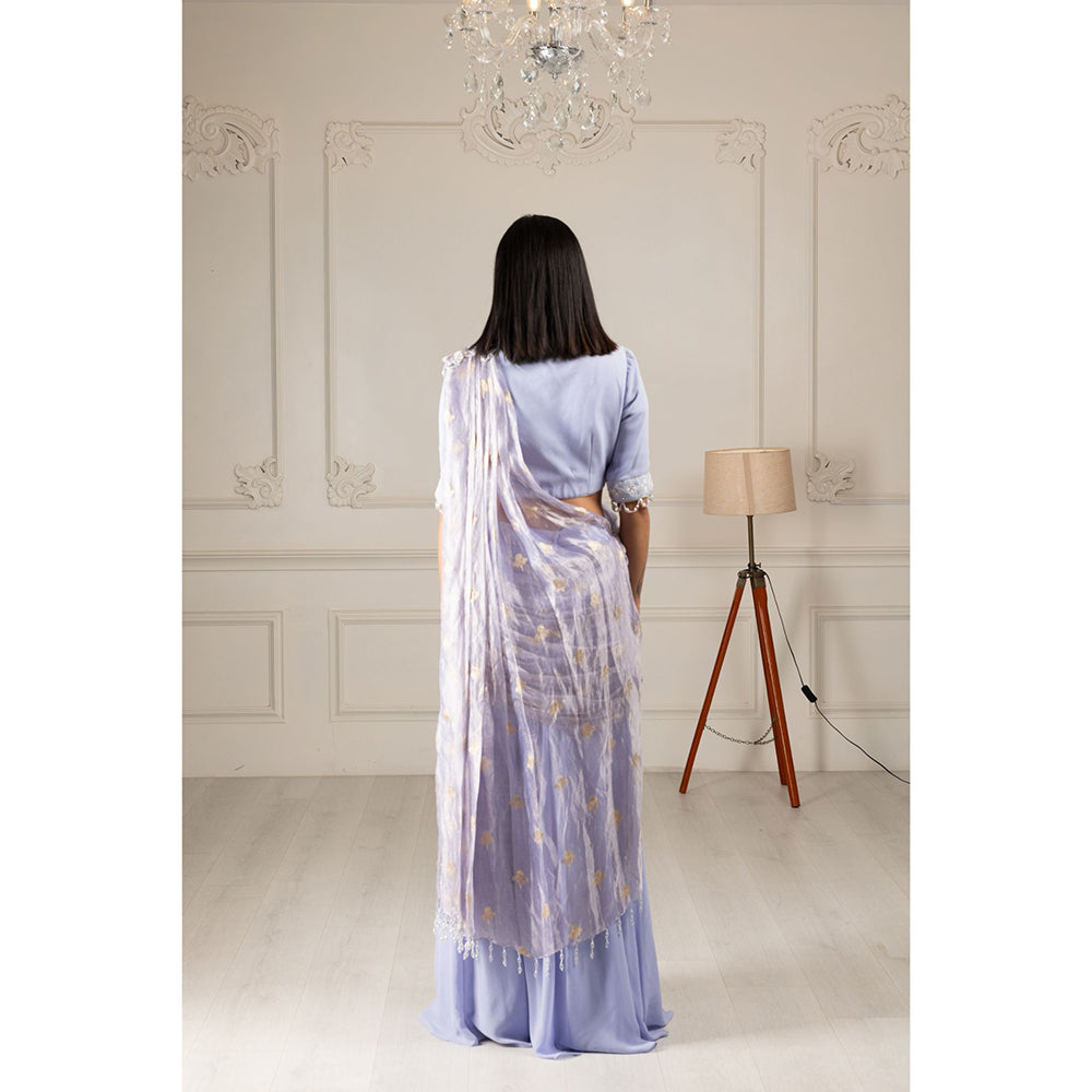 House of Supriya Sky Blue Embroidered Drape Saree with Stitched Blouse