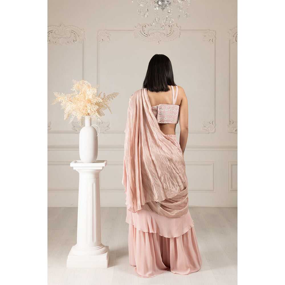 House of Supriya Peach Embroidered Pre Drape Sharara Style Saree with Stitched Blouse