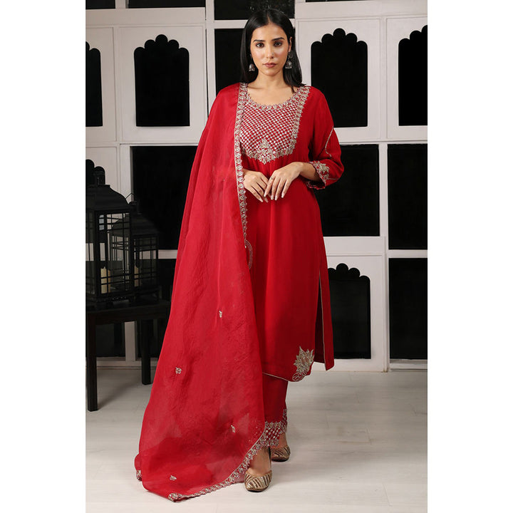 House of Supriya Red Embellished Kurta & Pant with Dupatta (Set of 3)