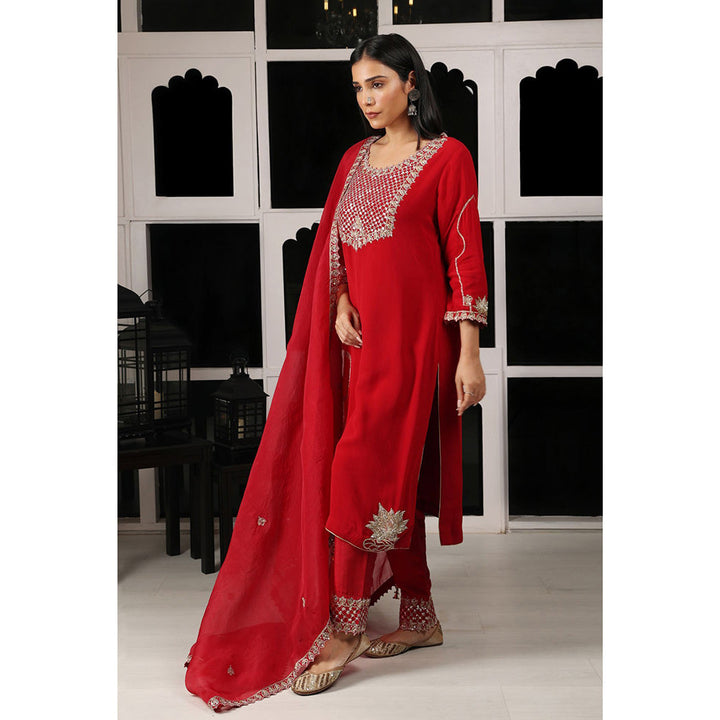 House of Supriya Red Embellished Kurta & Pant with Dupatta (Set of 3)