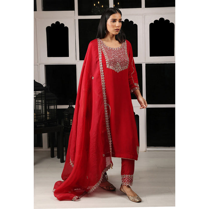 House of Supriya Red Embellished Kurta & Pant with Dupatta (Set of 3)