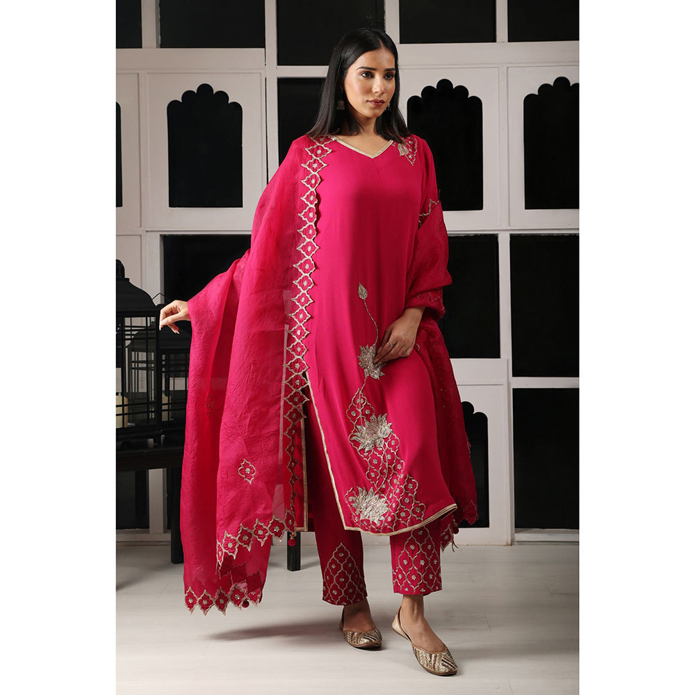 House of Supriya Pink Embroidered Kurta & Pant with Dupatta (Set of 3)