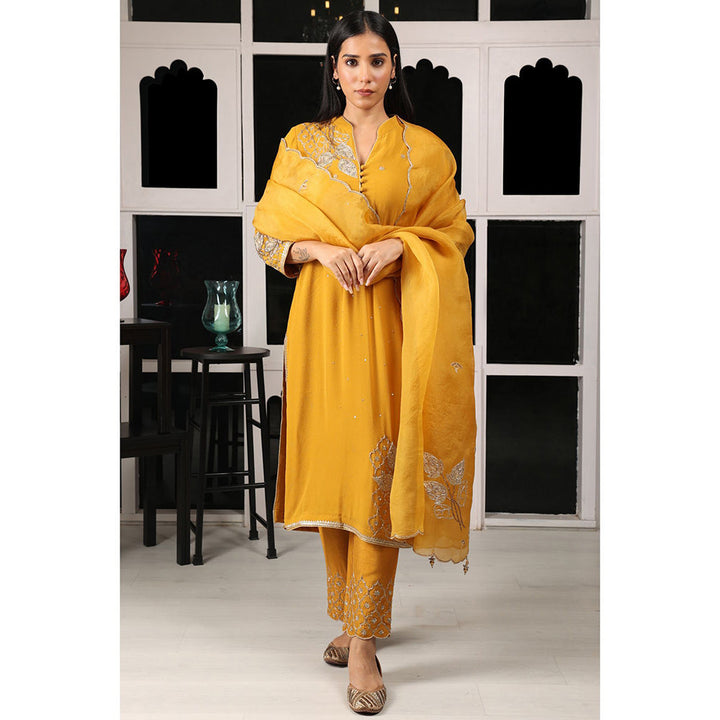 House of Supriya Yellow Mustard Embroidered Kurta & Pant with Dupatta (Set of 3)