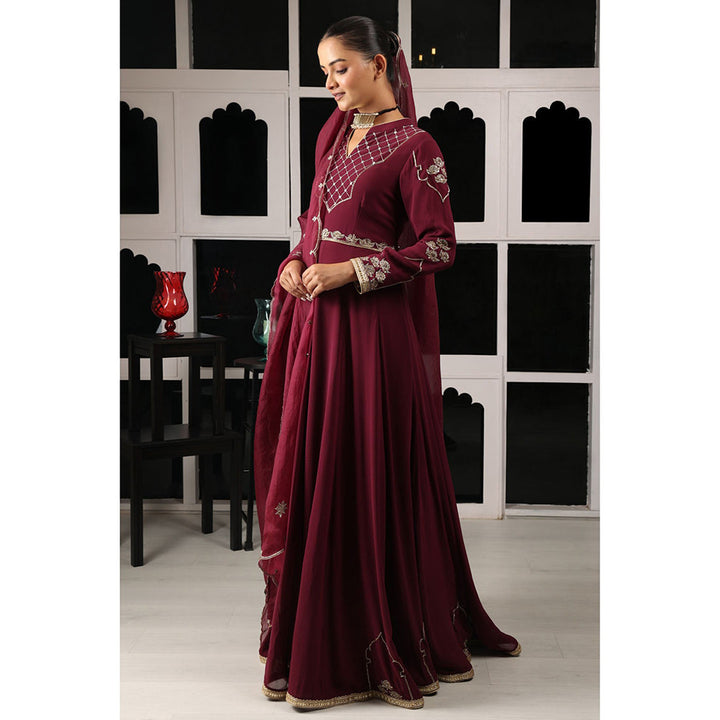 House of Supriya Maroon Embellished Stylised Anarkali Kurta with Pant & Dupatta (Set of 3)